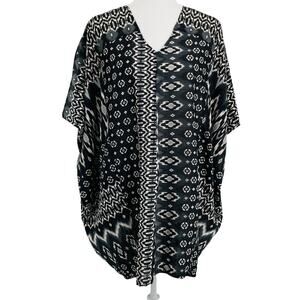 CARMEN MARC VALVO Resort Wear Black Top Tribal Aztec Oversize Swim Coverup XS/S